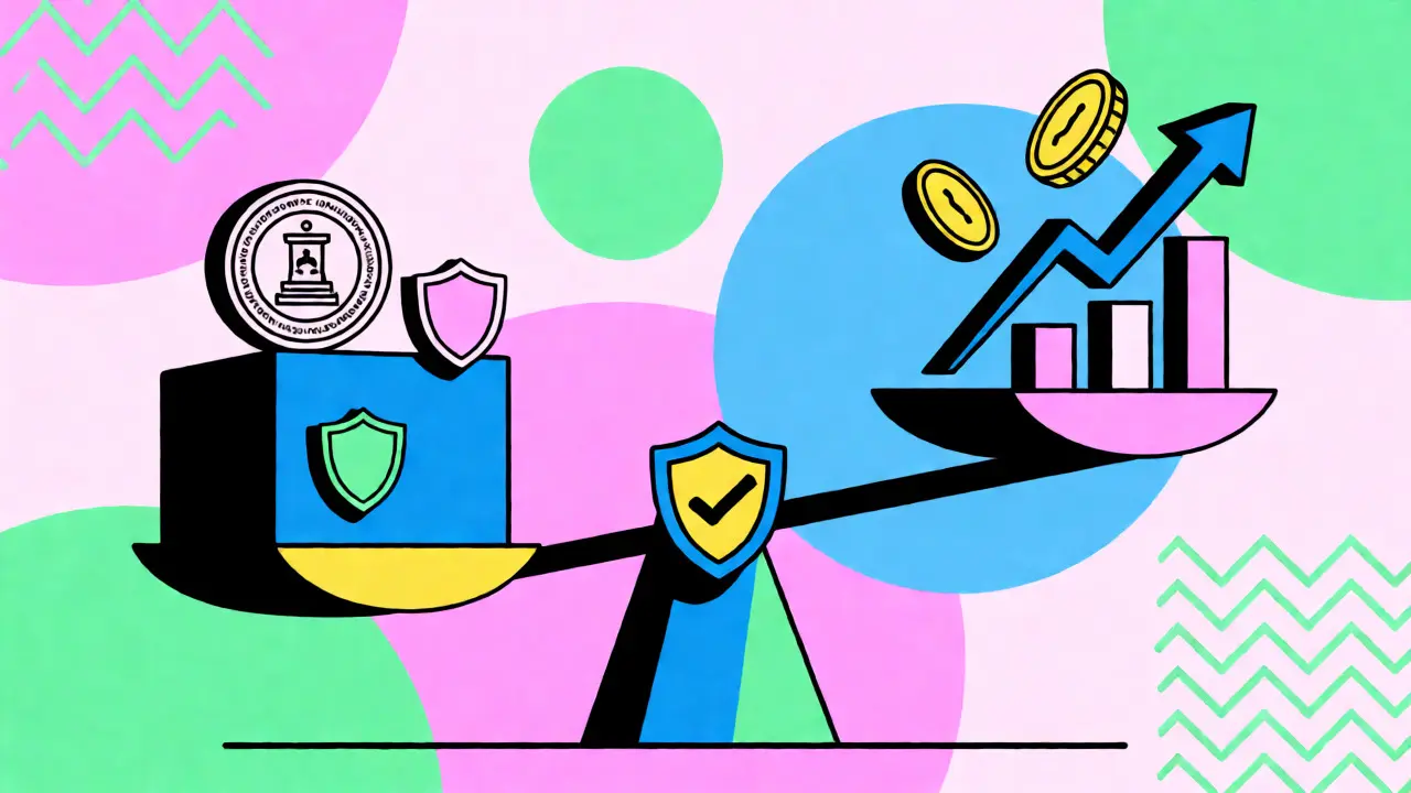 Abstract balance scale weighing financial stability against higher yields under IRDAI regulation in geometric art.