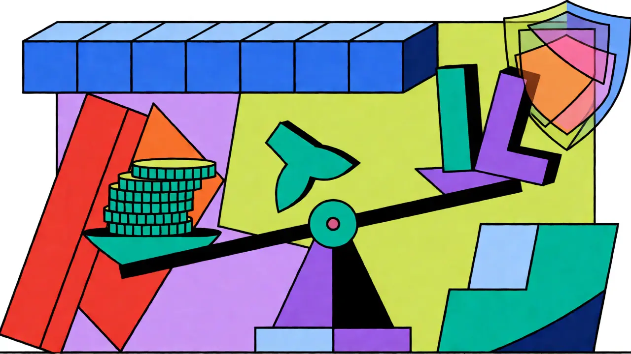 Abstract balance scale weighing trading fees against impermanent loss risks