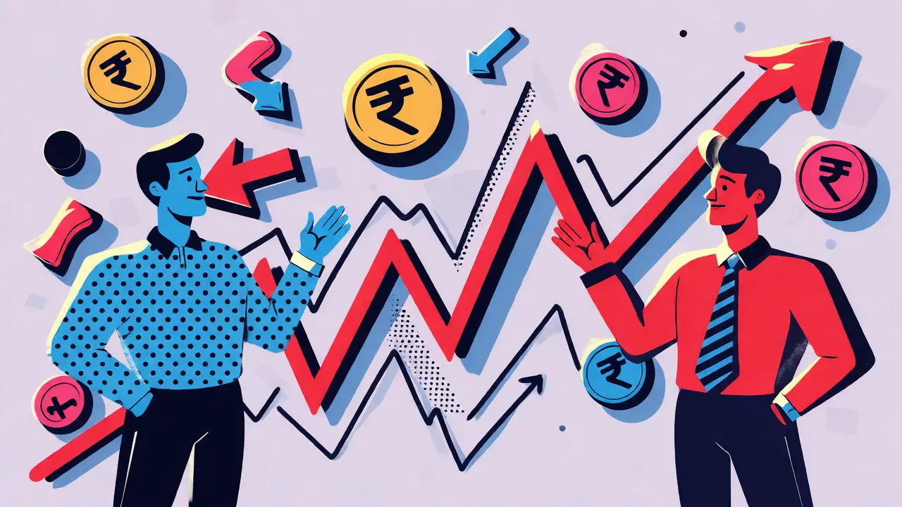 Abstract cartoon investors reacting to volatile market value graphs