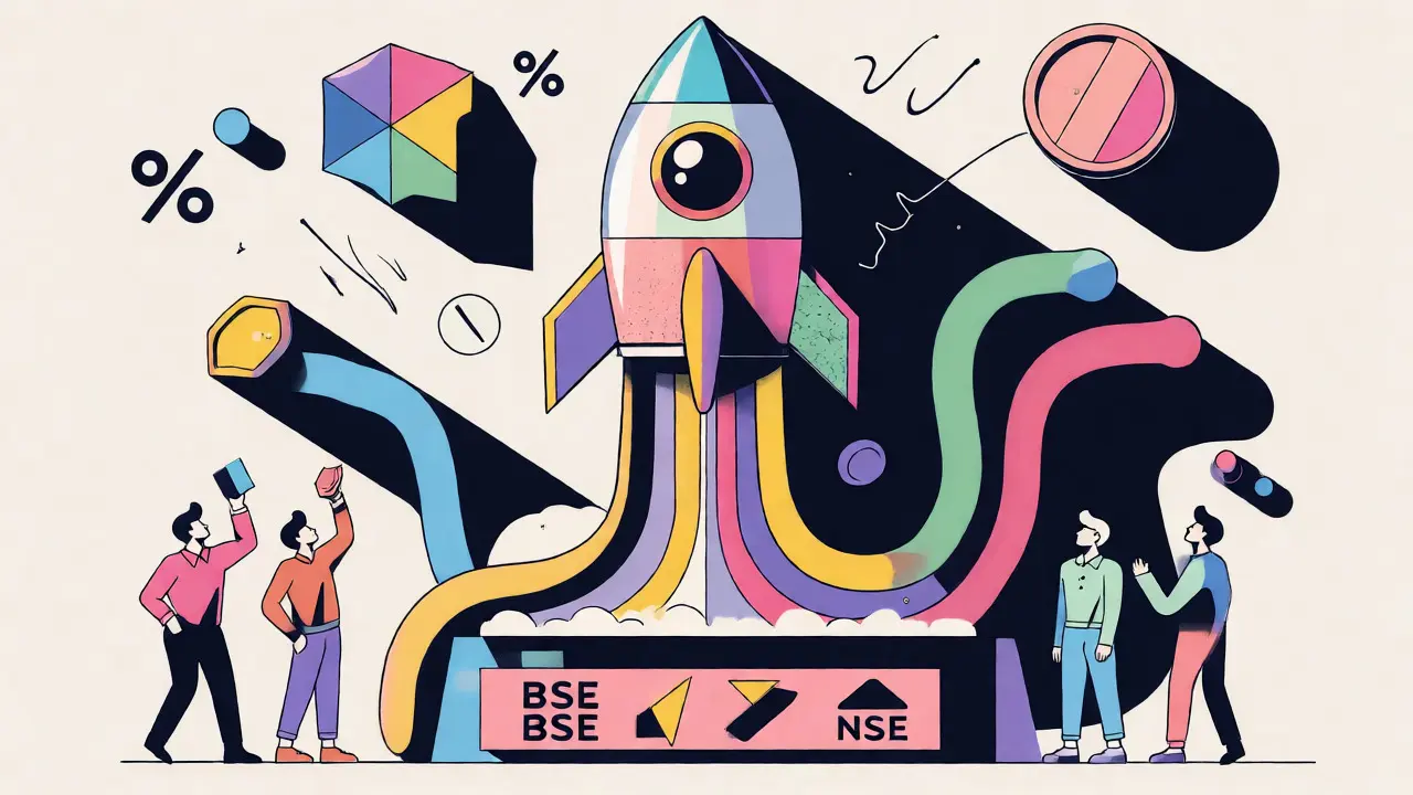 Abstract cartoon of a rocket launching to represent an IPO on Indian stock exchanges.
