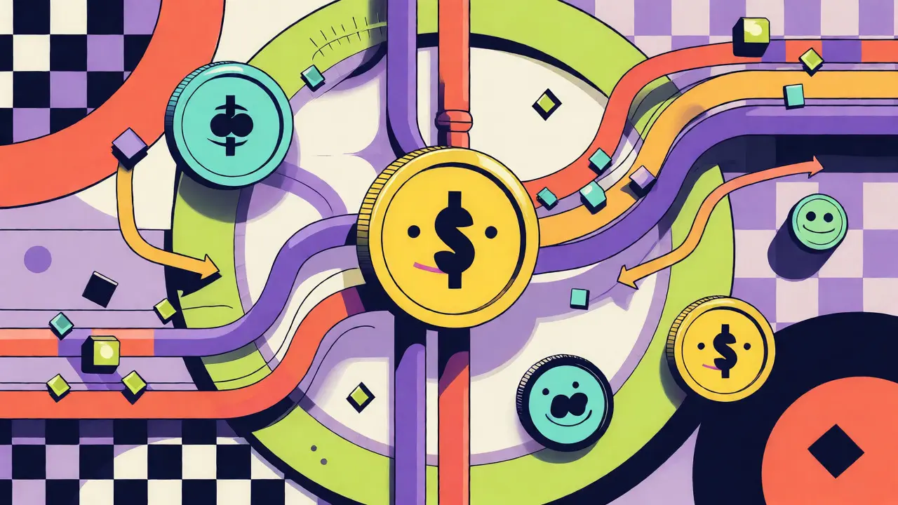 Abstract cartoon of stablecoins flowing through DeFi liquidity pipes