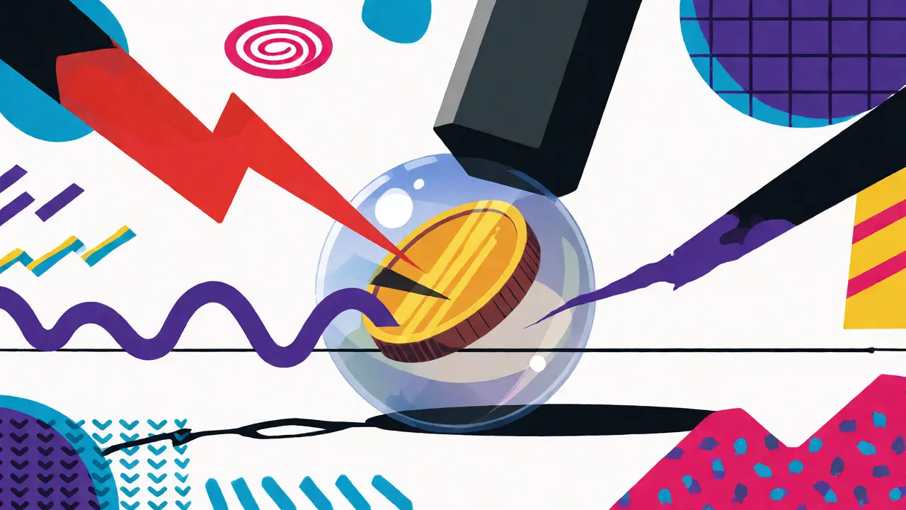 Abstract geometric art depicting risks like de-pegging and smart contract bugs for stablecoins