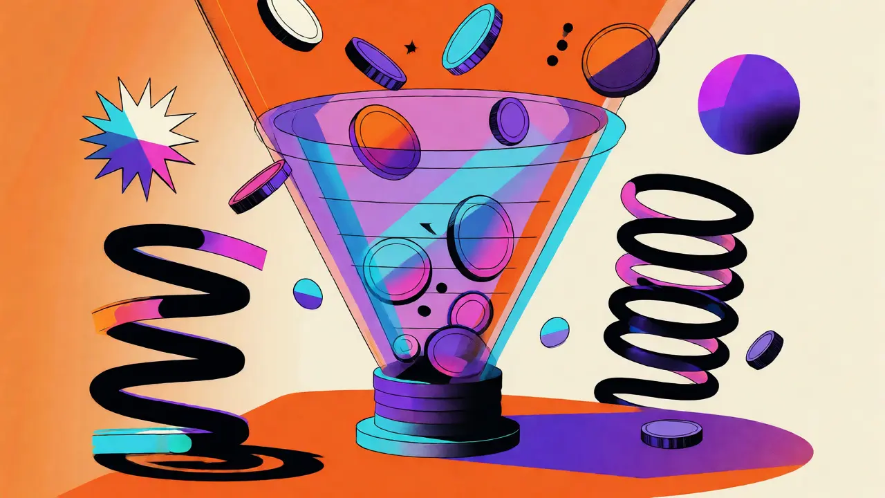 Abstract Memphis design depicting flexible SIP contributions flowing through a geometric funnel