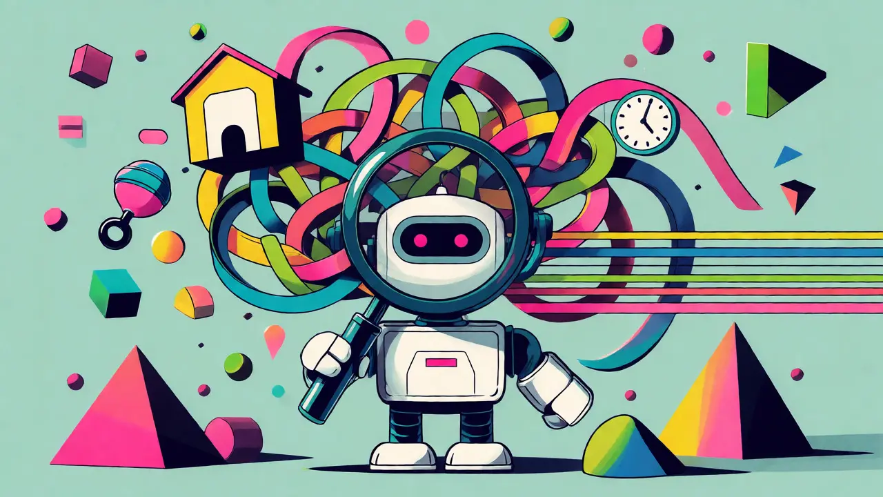 Abstract robot untangling chaotic financial life factors into clear strategic lines.