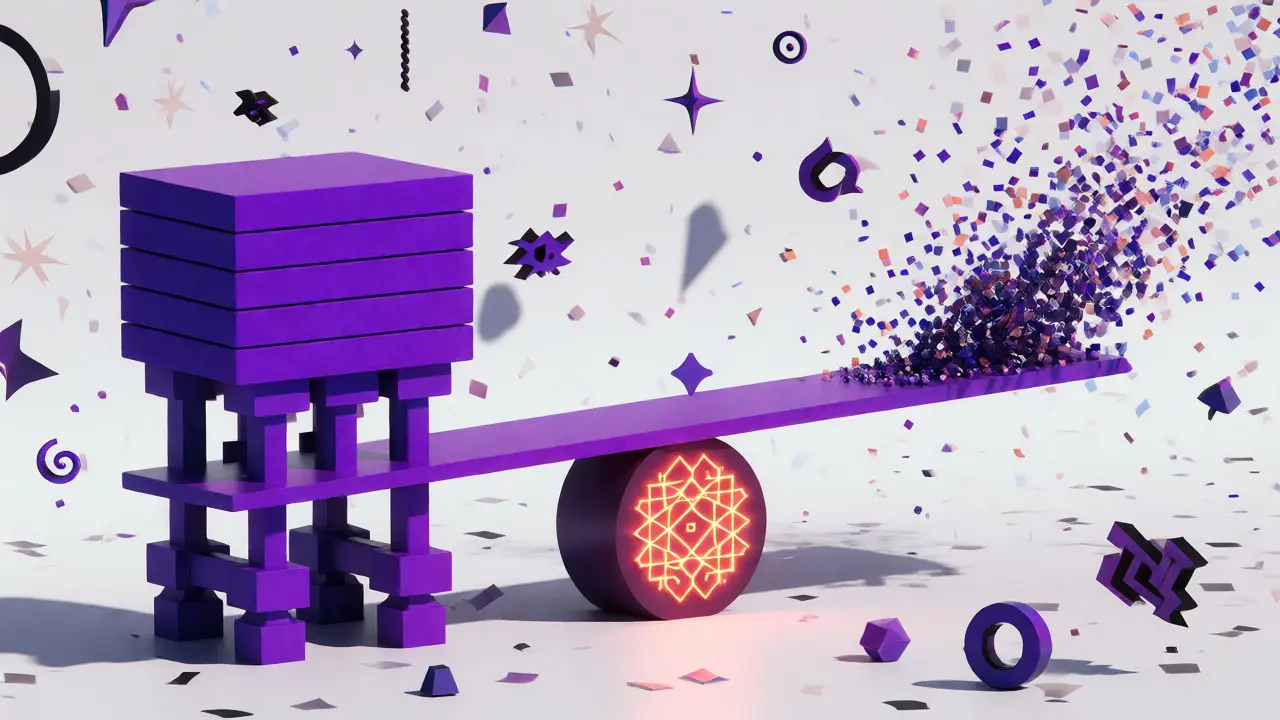 Balanced scale comparing heavy security blocks against lightweight high-throughput particles.