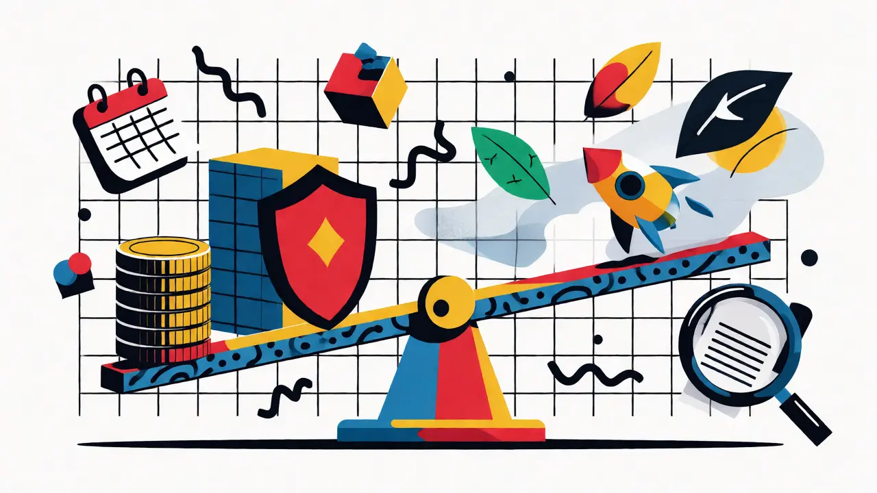 Balanced scale comparing safe savings and growth investments in cartoon style