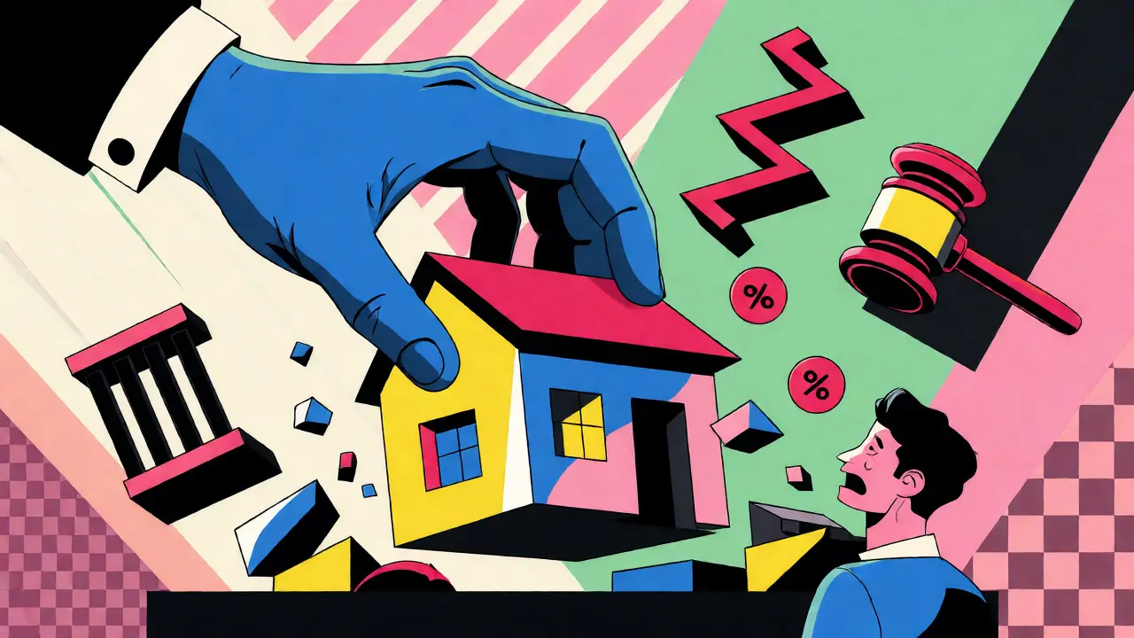 Cartoon depiction of government authorities confiscating a property block from a homeowner.