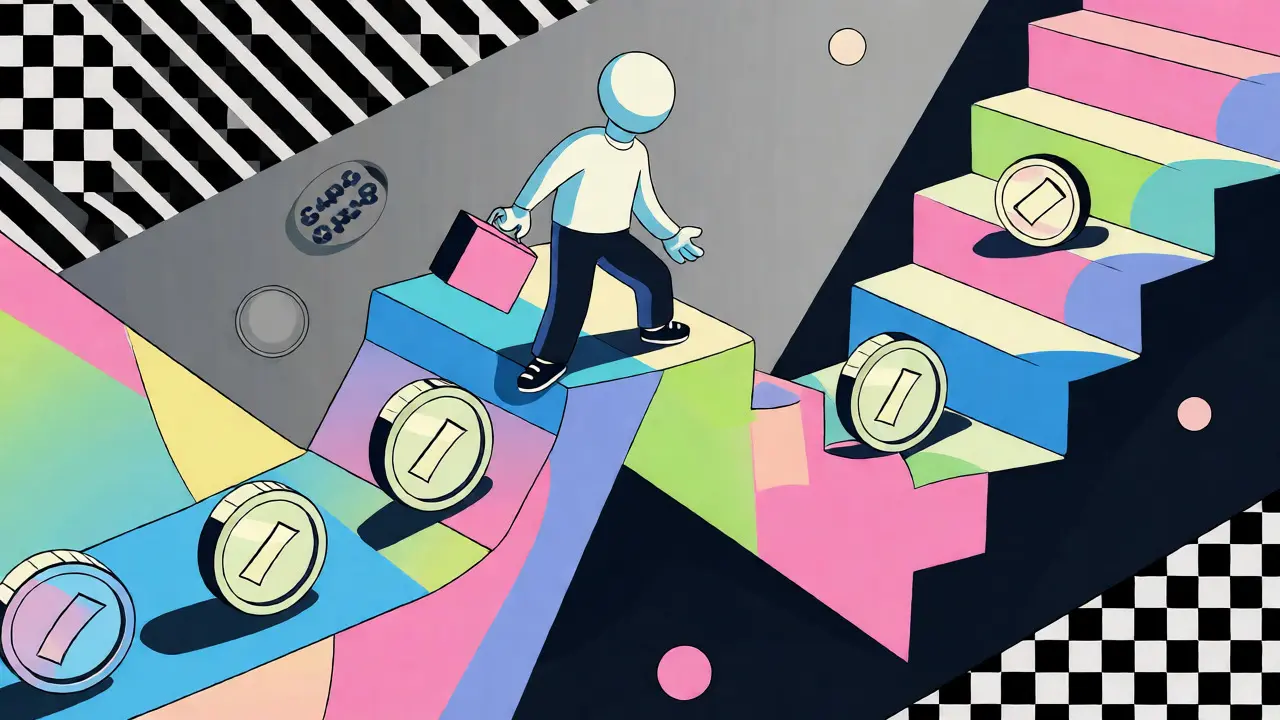Cartoon graphic showing coins rolling up a colorful path representing resumed SIP investments