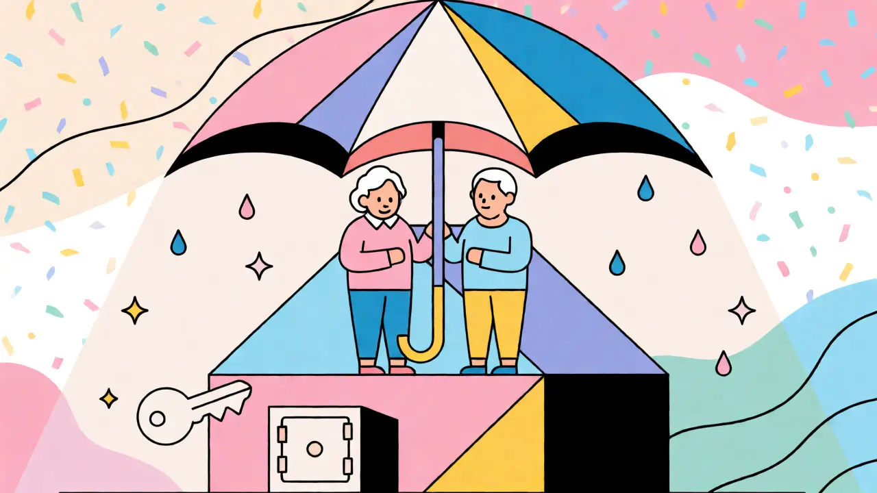 Elderly couple protected by an abstract geometric umbrella symbolizing security