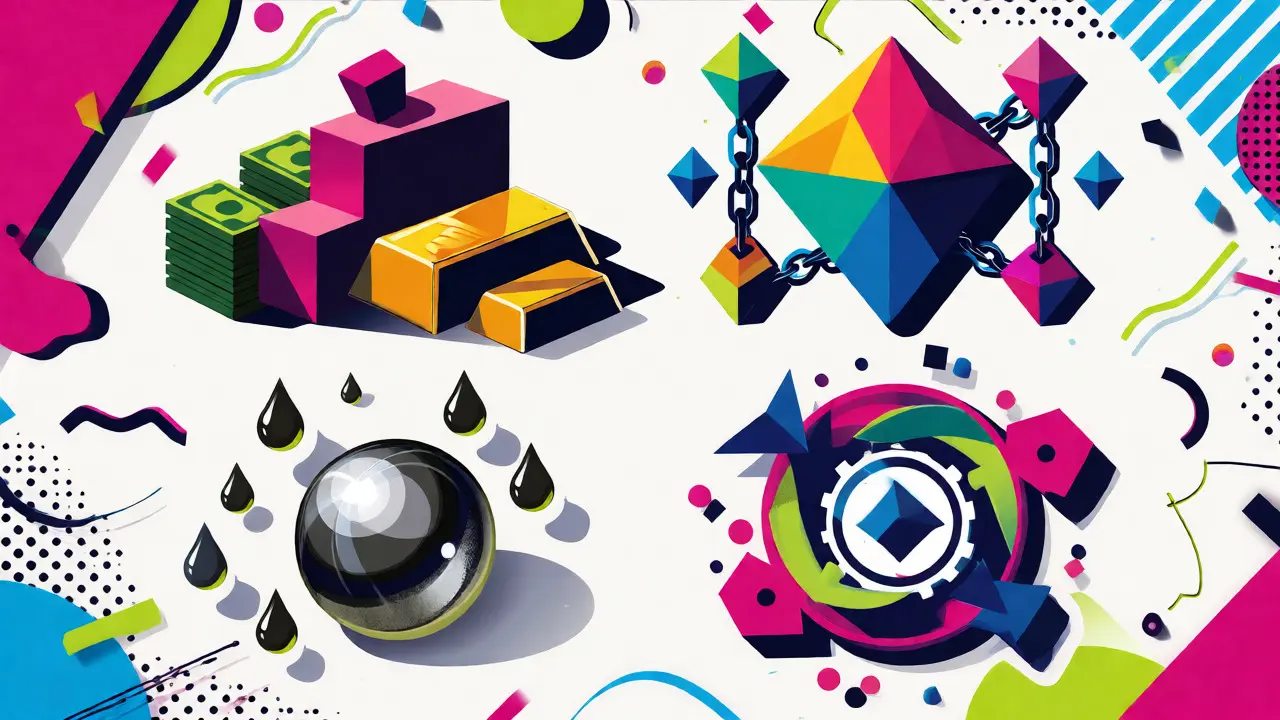 Four types of stablecoins depicted in colorful geometric shapes