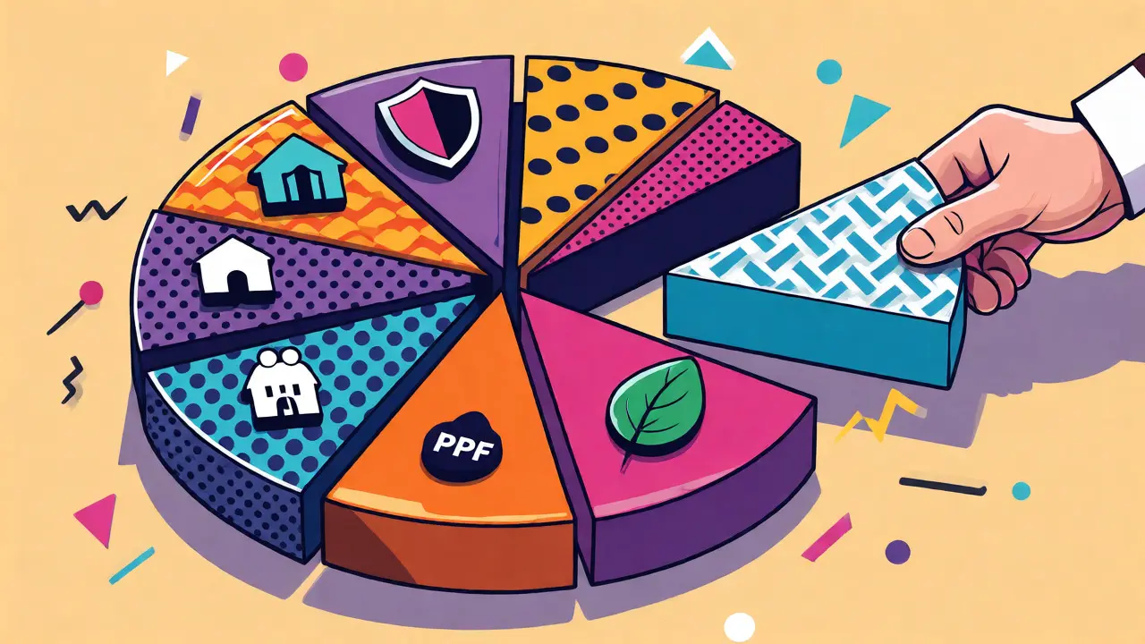 Geometric pie chart slices representing mixed investment options in bold colors
