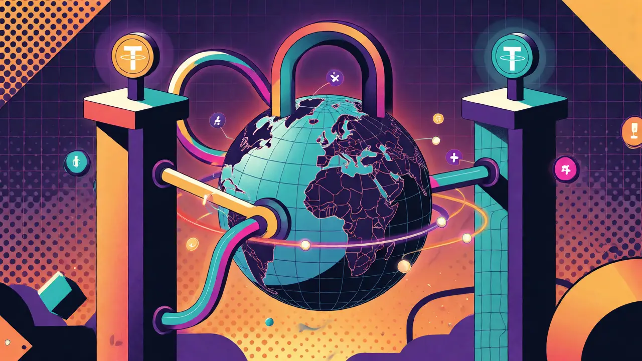 Global network of stablecoin transactions around a stylized globe