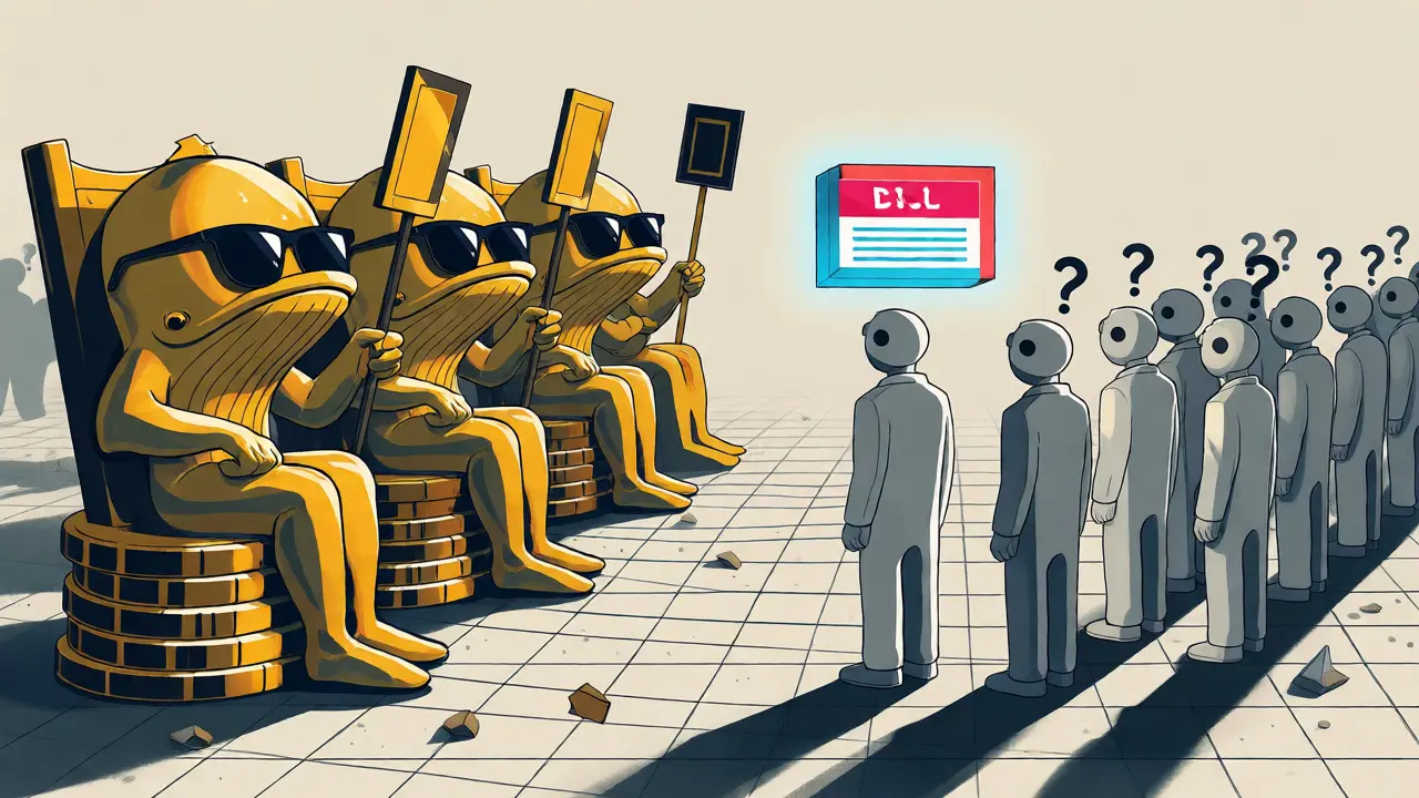 Golden whales dominating votes while small grey figures ignore proposals in Memphis art