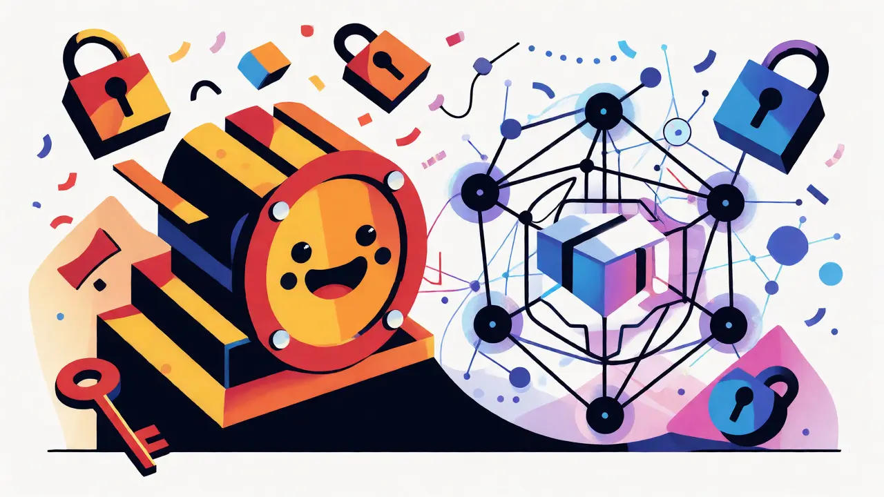 Illustration comparing centralized bank vaults with decentralized node networks for stablecoins
