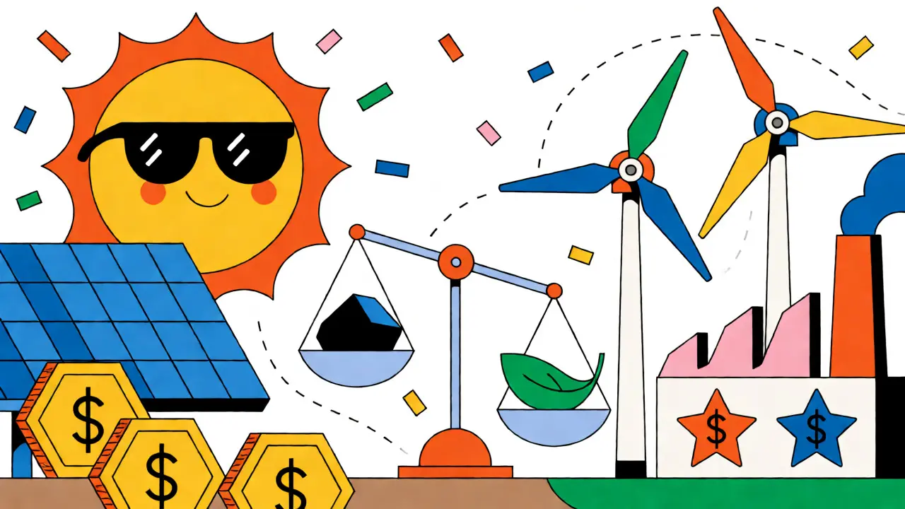 Illustration of solar panels, wind turbines, and a balance scale weighing coal against leaves in Memphis style.