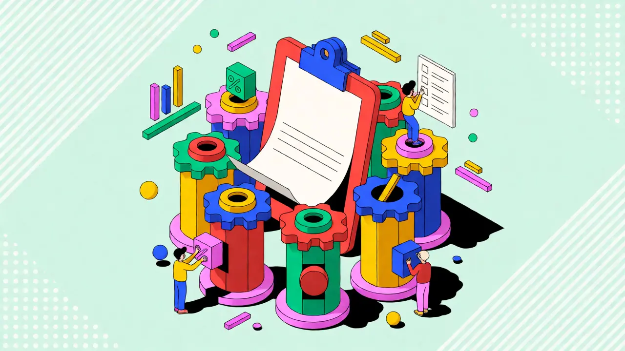 Isometric cartoon diagram showing a trading plan as a structured system with seven colorful pillars and interactive elements.