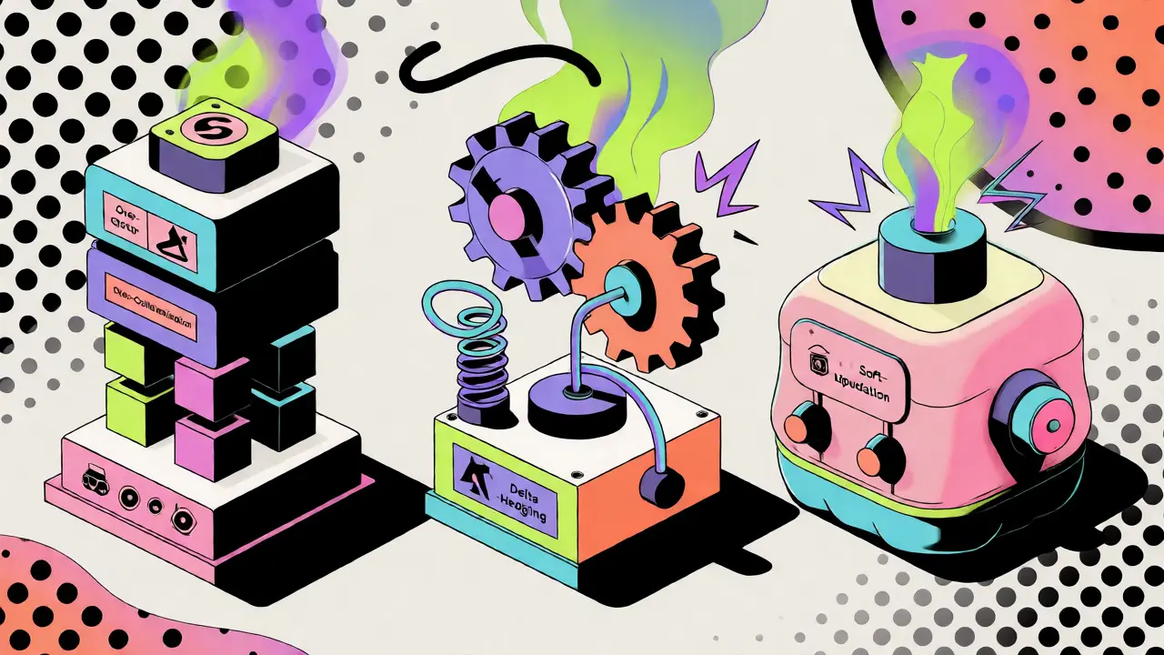 Isometric cartoon machines visualizing over-collateralization, delta-hedging, and soft-liquidation.