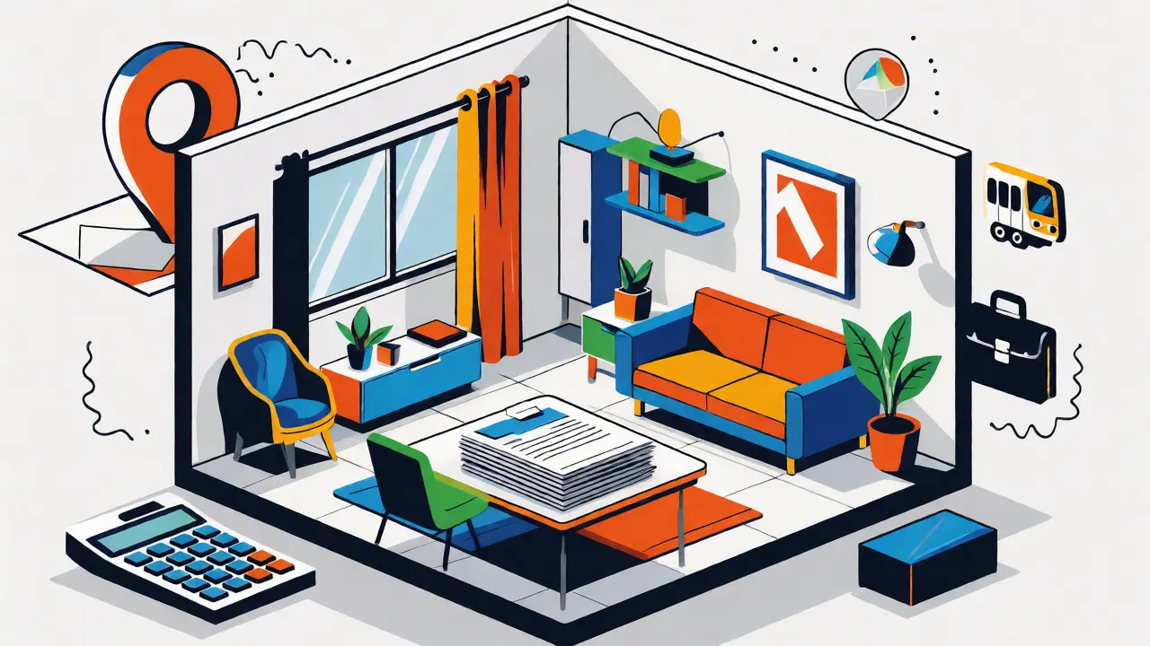 Isometric view of a compact apartment with floating icons for ROI and location.