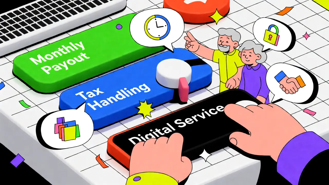 Isometric view of a tactile digital interface for managing annuity payouts and services in vibrant cartoon style.