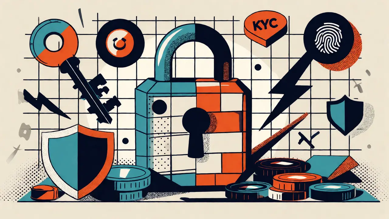Memphis-design artwork featuring a geometric padlock and coins, symbolizing crypto exchange security and KYC.
