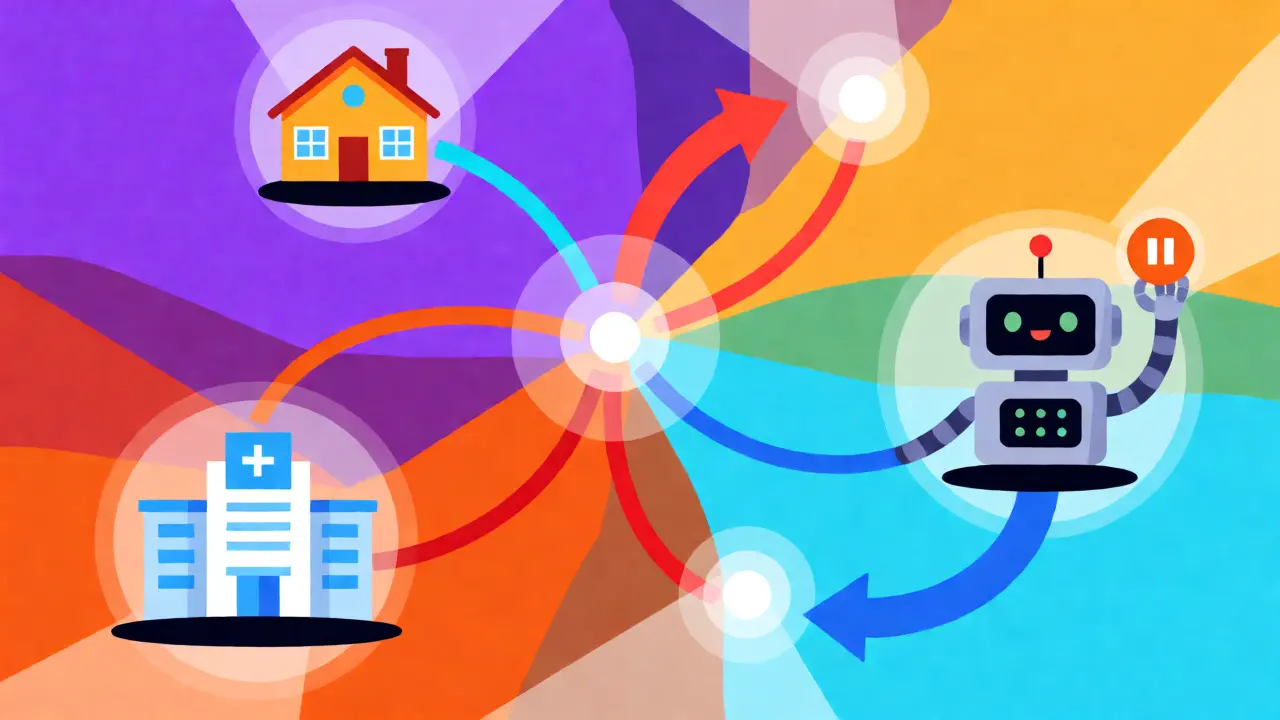 Robot miner interacting with a power grid, houses, and hospitals using colorful arrows and geometric shapes.