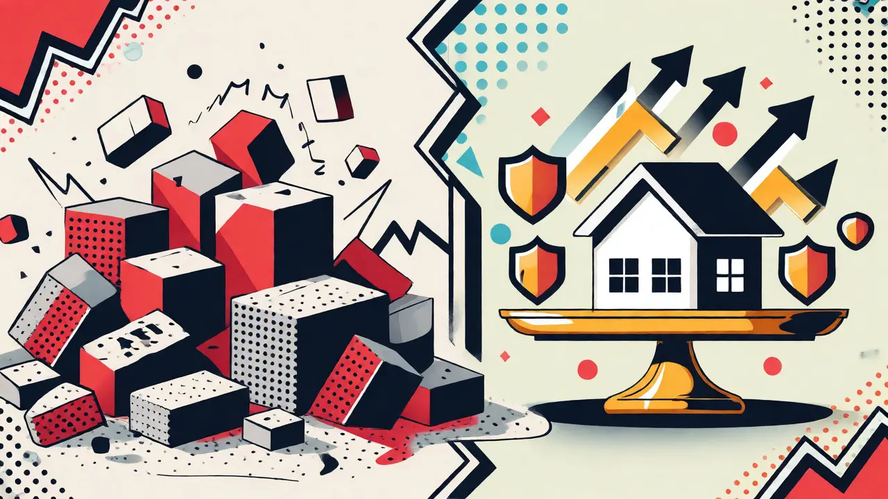 Split illustration showing housing pitfalls versus secure investment returns.