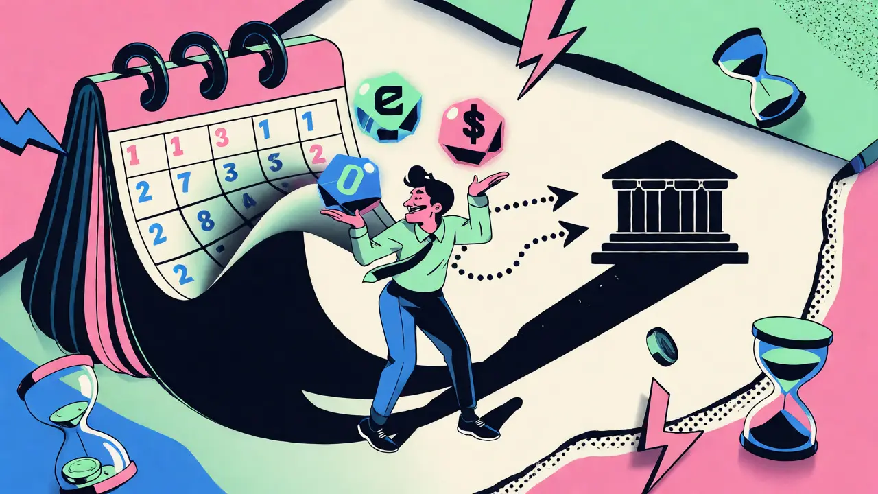 Stressed trader juggling funds during a long weekend settlement gap.