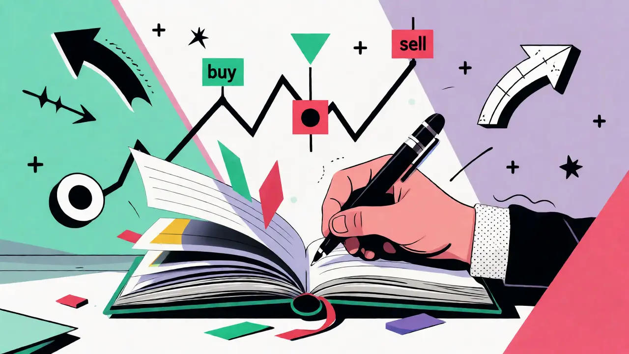 Stylized cartoon of a hand journaling trades next to a volatile price chart in Memphis design style.