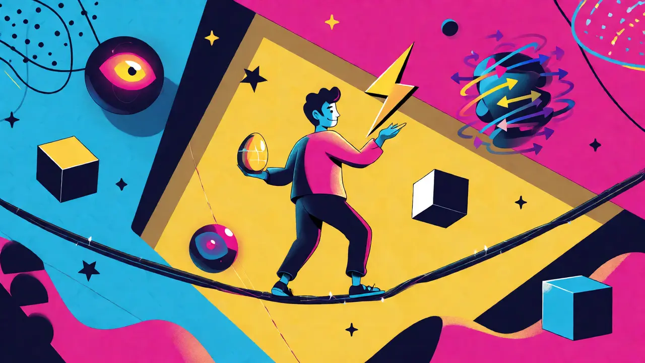 Stylized character balancing yield and risk amidst abstract financial data symbols.