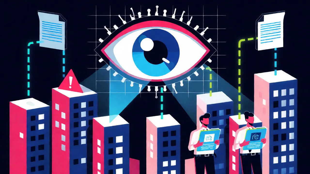 Stylized digital eye scanning abstract buildings for Benami transaction red flags.
