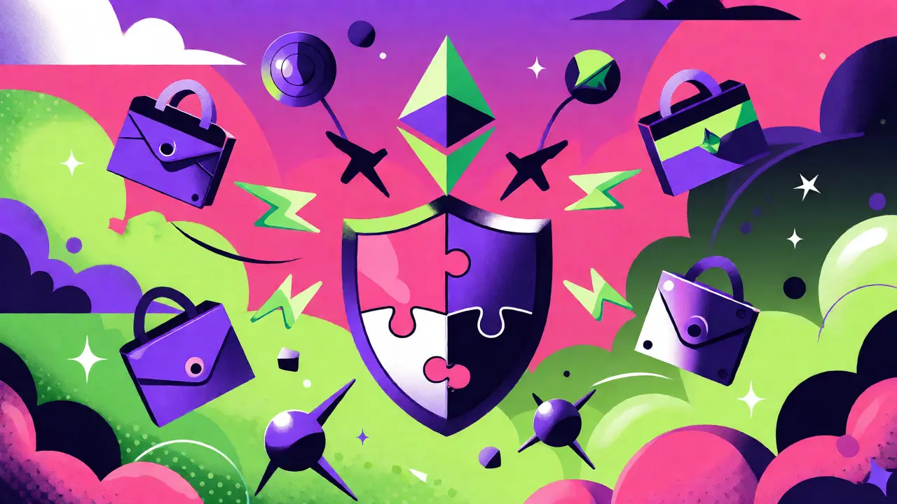 Stylized Ethereum logo transforming into a privacy shield surrounded by wallet icons.