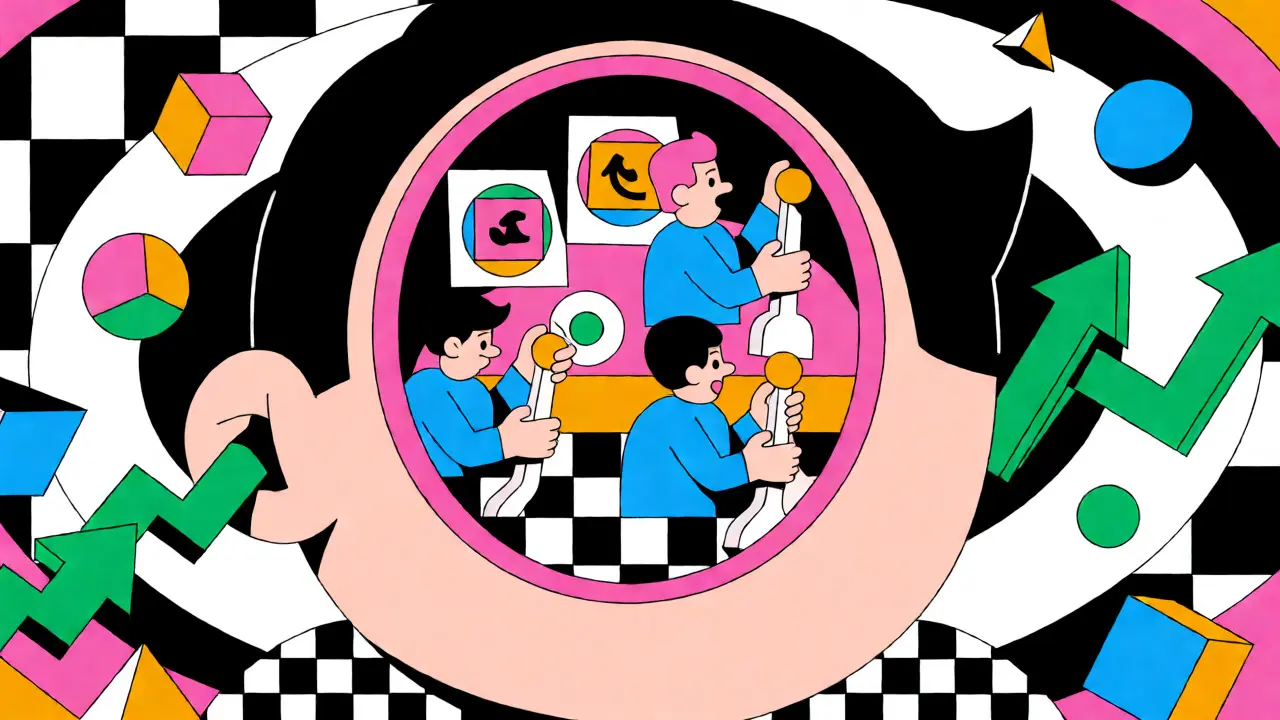 Surreal Memphis-style illustration of a trader's mind as a control room managing market volatility with levers and dials.