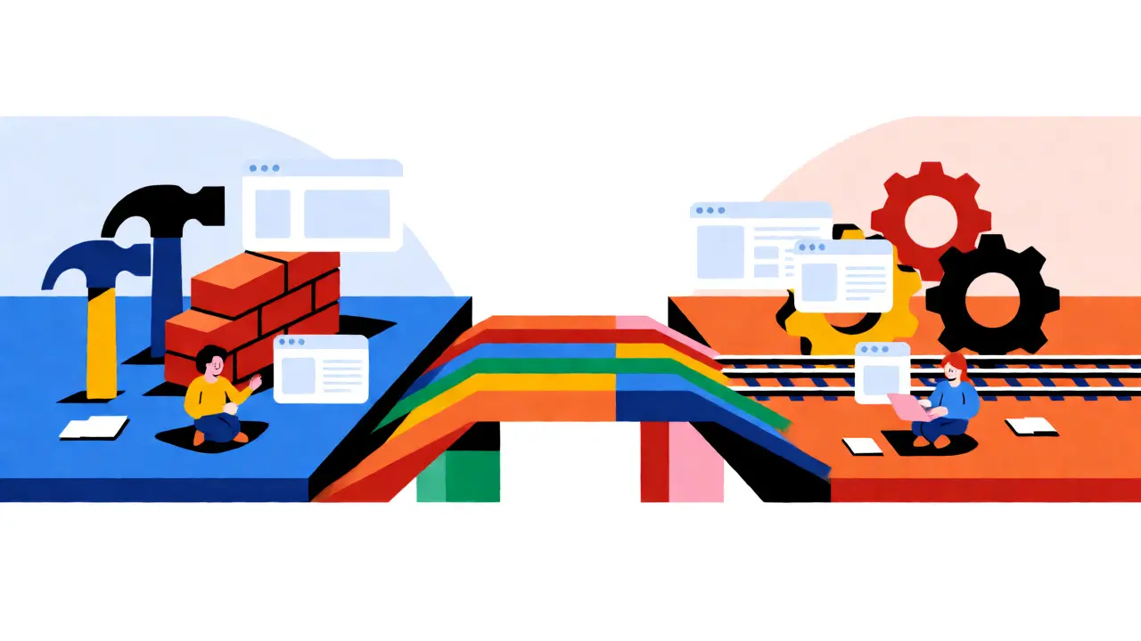 Two developer workspaces connected by a bridge, showing EVM and non-EVM tool sets in flat vector art.