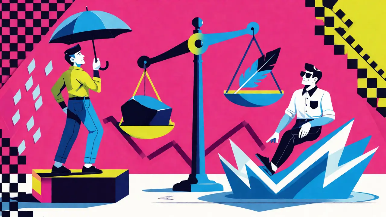 Two stylized characters reacting differently to a market drop in a colorful setting.