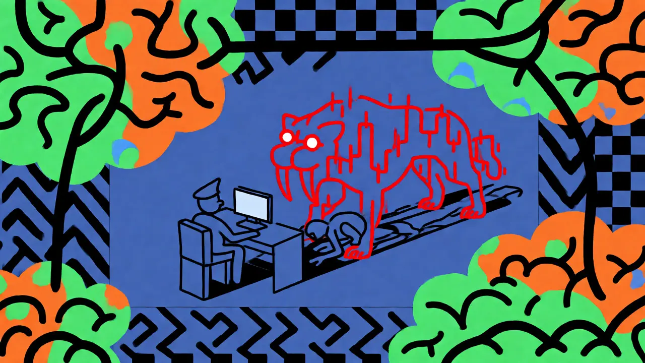 A trader's shadow turns into a caveman fearing a chart tiger, depicting evolutionary loss aversion.