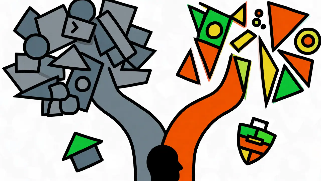 Abstract cartoon depiction of choosing between complex and simple tax regimes using colorful shapes.