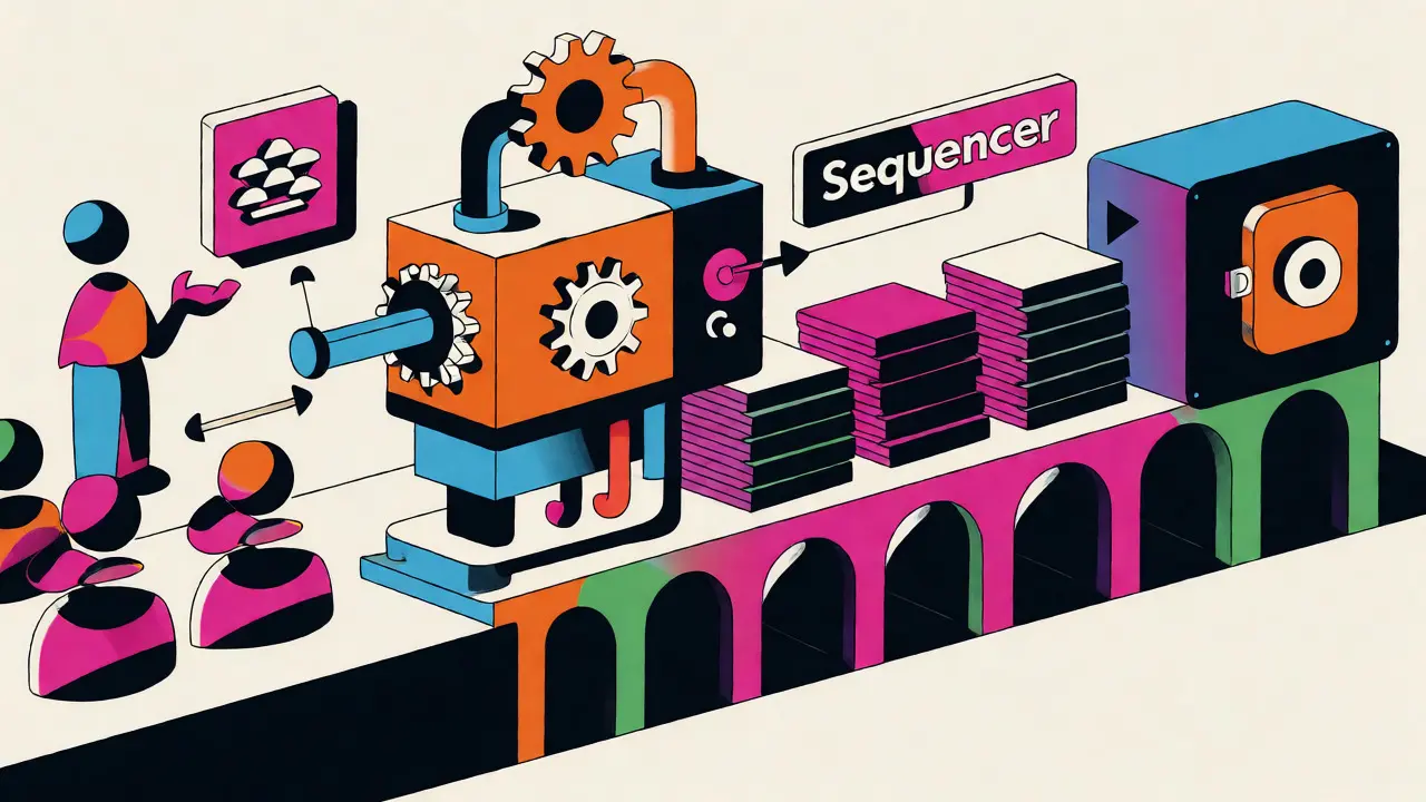 Abstract cartoon showing transactions being batched and settled on-chain