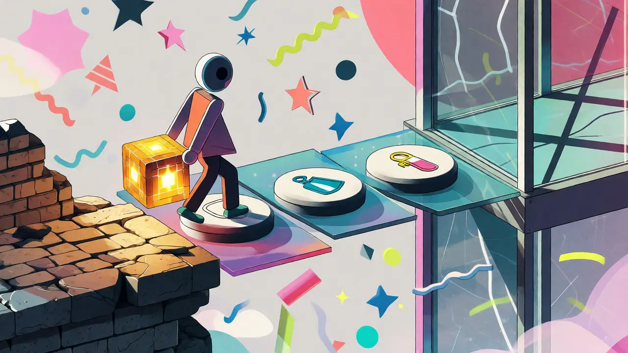 Abstract character migrating a digital asset across a bridge in Memphis design style.