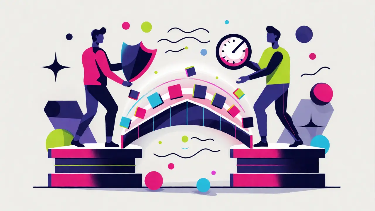 Abstract figures exchanging tokens through a geometric payment channel bridge.