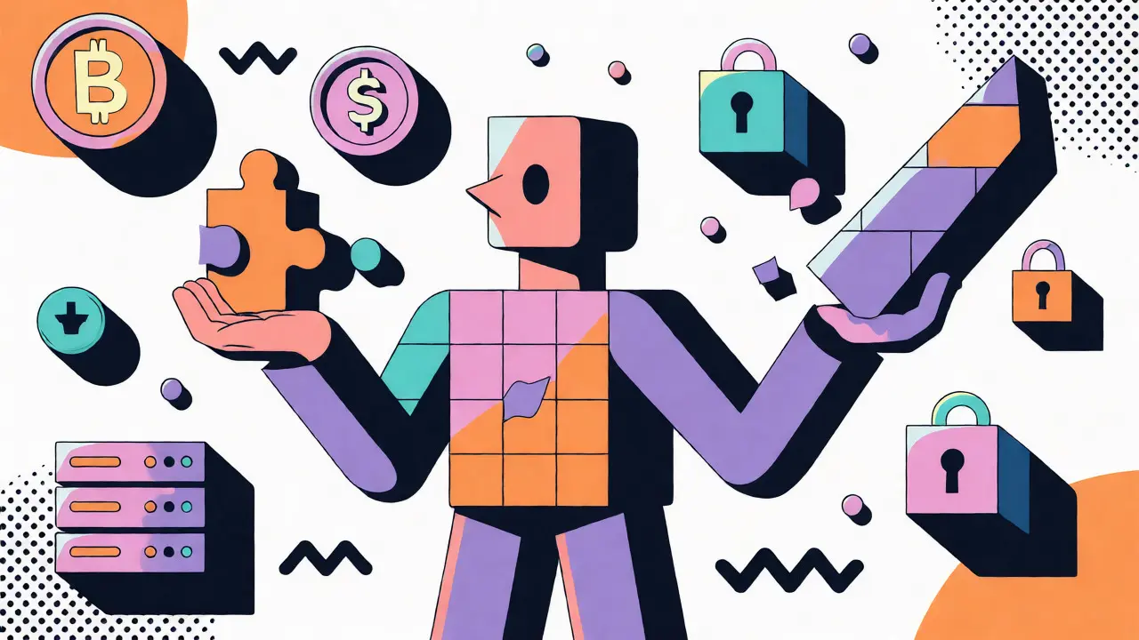 Abstract geometric figure holding compatible and incompatible puzzle pieces