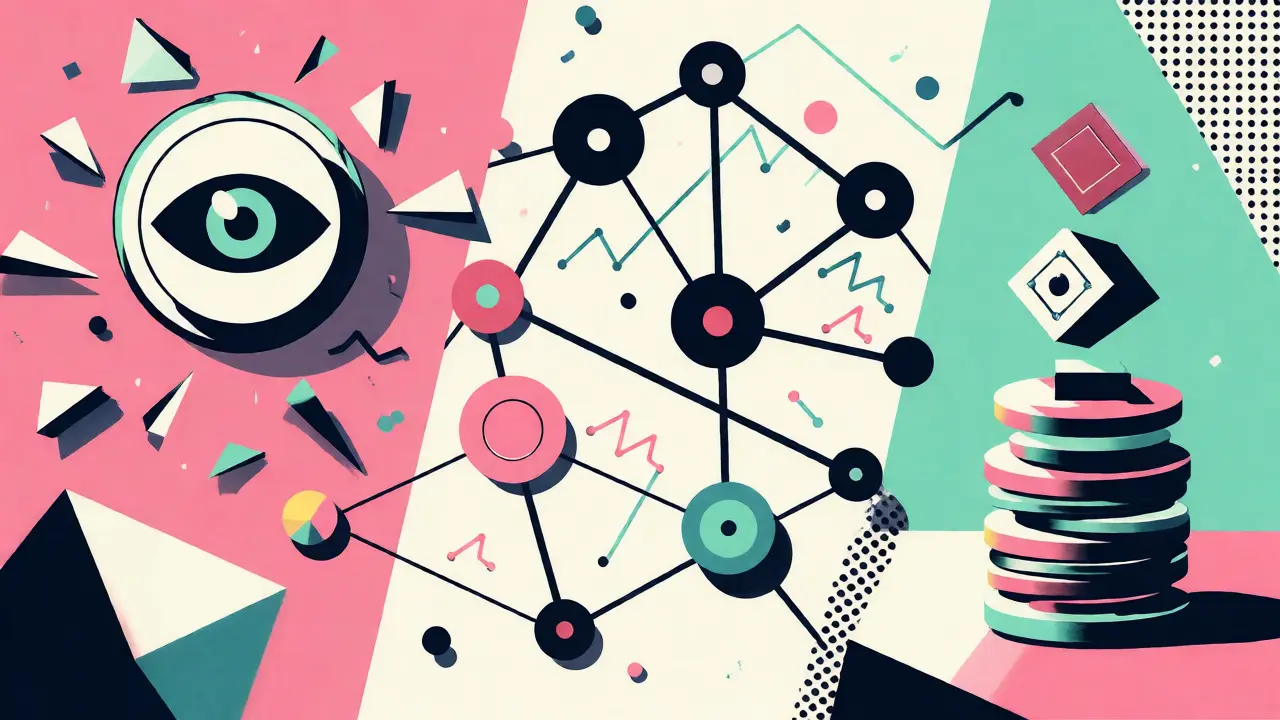Abstract geometric icons representing biometrics, social graphs, and scores