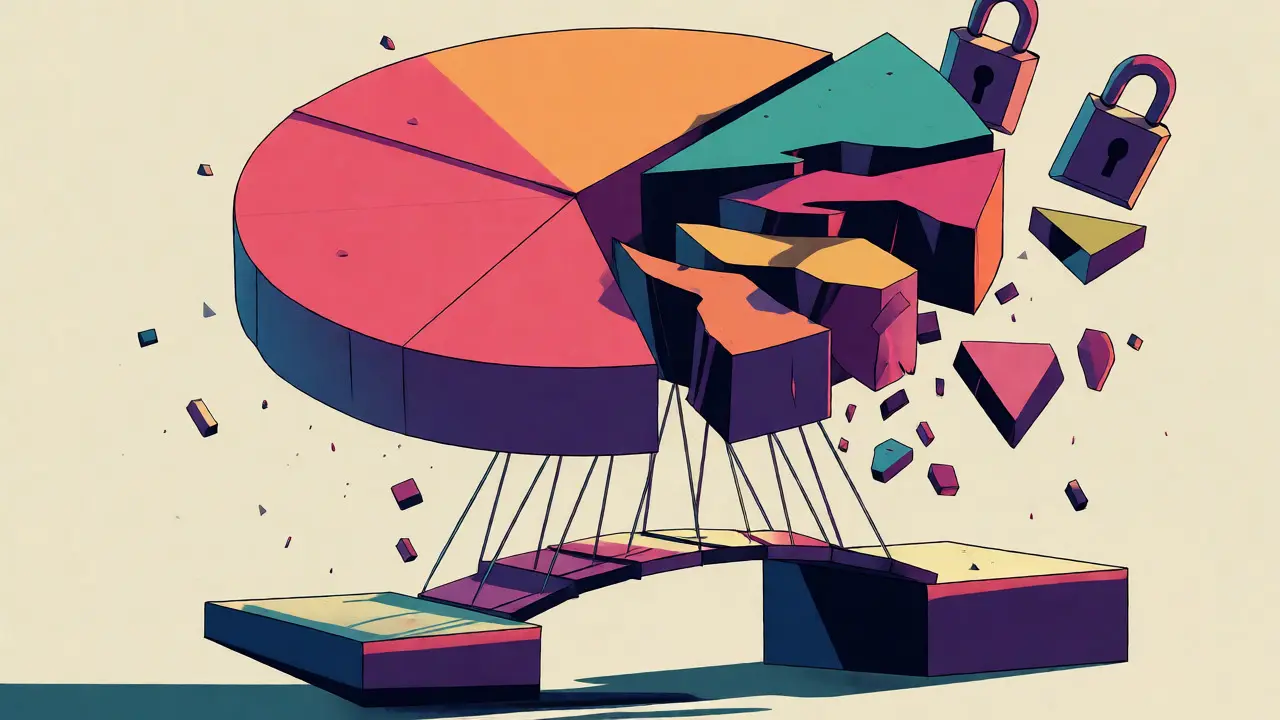 Abstract geometric pie chart breaking apart to represent unstable tokenomics