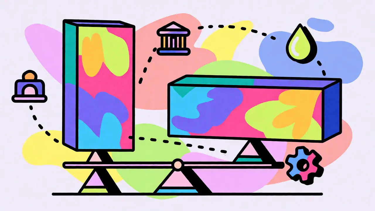Abstract graphic comparing market cap and share price using balanced geometric blocks