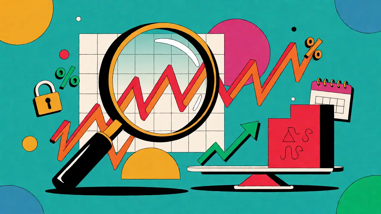 Abstract graphic comparing noisy daily charts with calm long-term trends using geometric shapes.