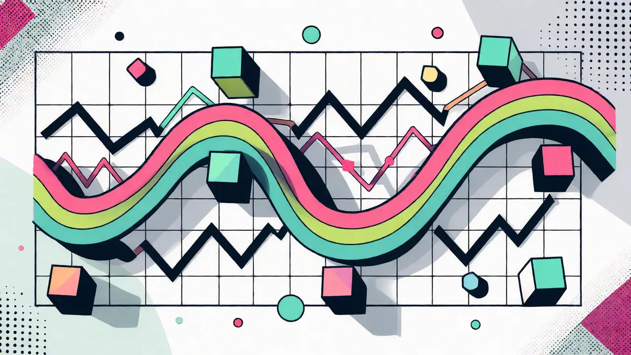 Abstract Memphis art depicting TWAP smoothing out jagged price fluctuations over time.