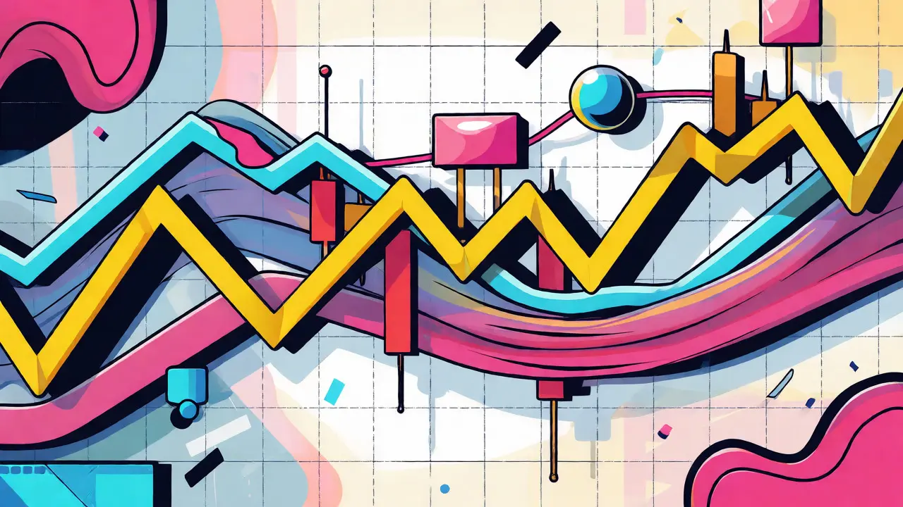 Abstract Memphis design visualization of EMA, Bollinger Bands, and RSI indicators.