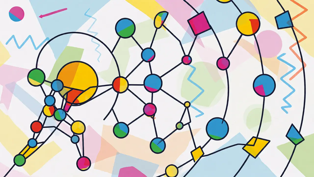 Abstract network diagram showing tokens moving from centralized control to decentralized freedom.