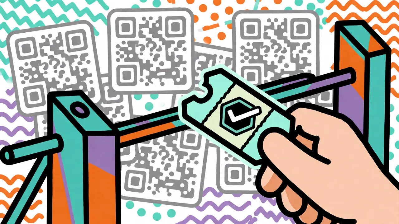 Cartoon depiction of an NFT ticket passing through a gate while fake QR codes are blocked.