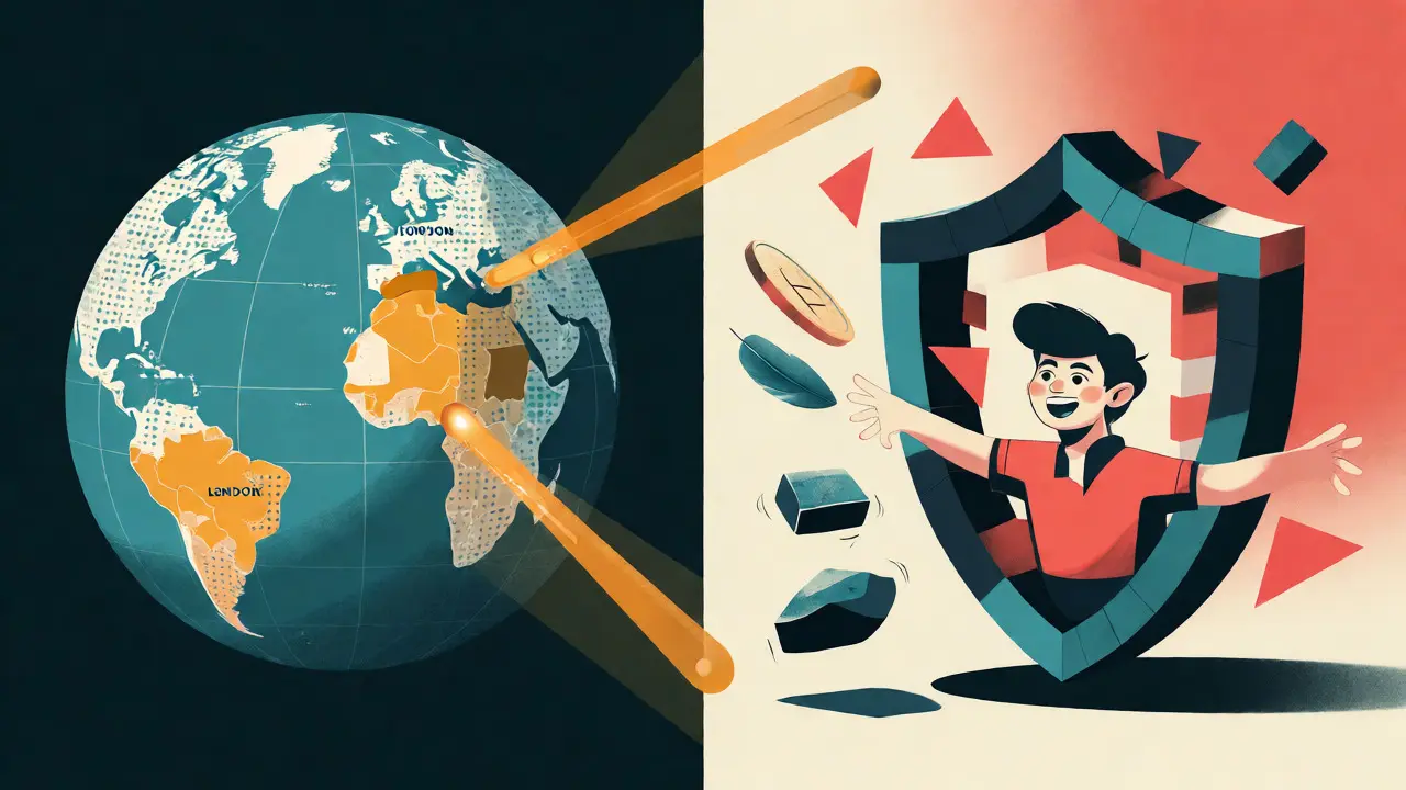 Cartoon graphic showing global trading sessions and risk management shields.