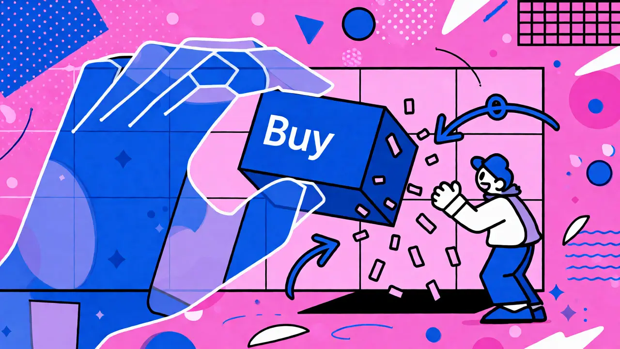 Cartoon illustration of a fake buy order vanishing in a liquidity trap